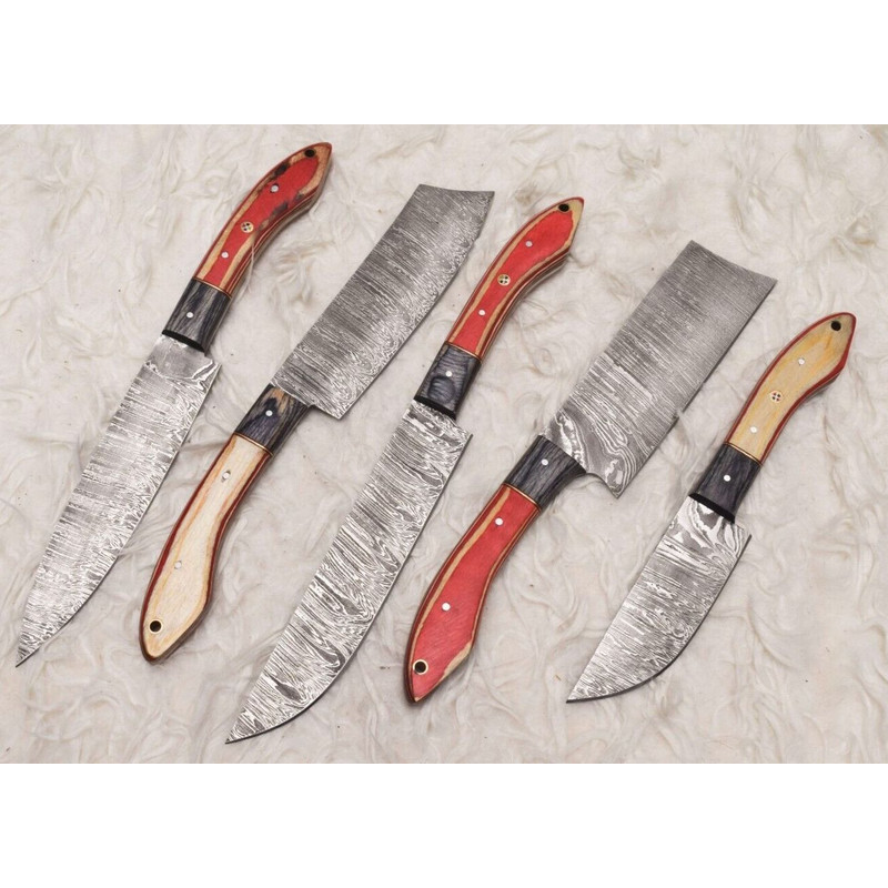 Artisan Handmade Damascus Steel Chef Knife Set Of 5 Wooden Handles 3