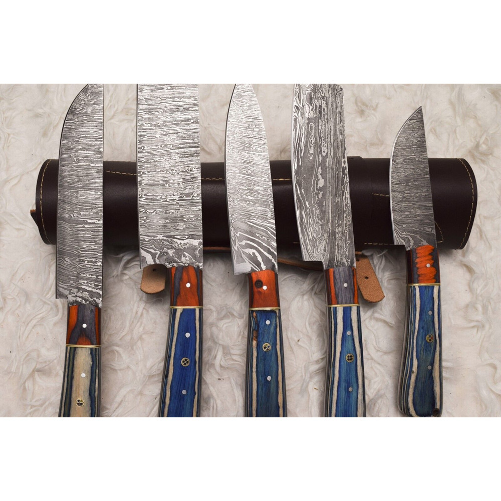Professional 5 Pc Handmade Damascus Chef Knife Set Sharp Kitchen Knives 1