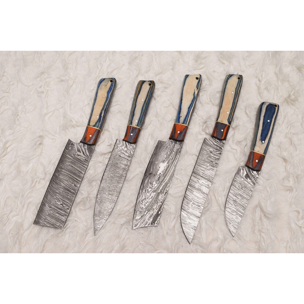 Professional 5 Pc Handmade Damascus Chef Knife Set Sharp Kitchen Knives 0