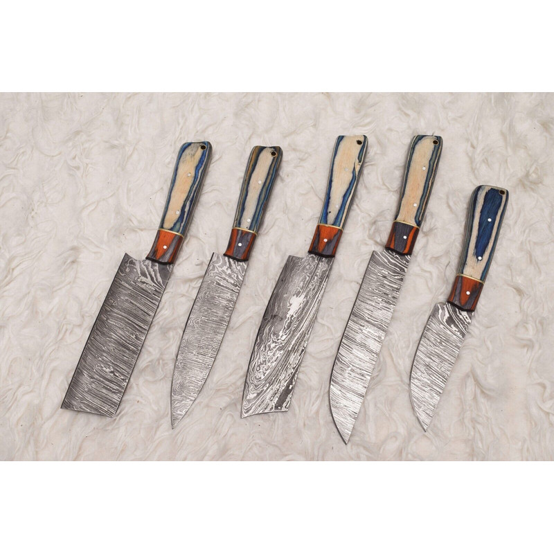 Professional 5 Pc Handmade Damascus Chef Knife Set Sharp Kitchen Knives 0