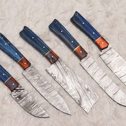 damascus steel 5 pcs chef knife set | handmade wood handle kitchen knives