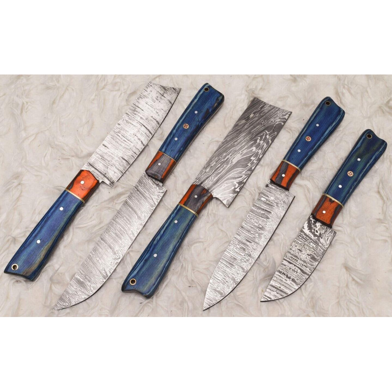 Damascus Steel 5 Pcs Chef Knife Set Handmade Wood Handle Kitchen Knives 2