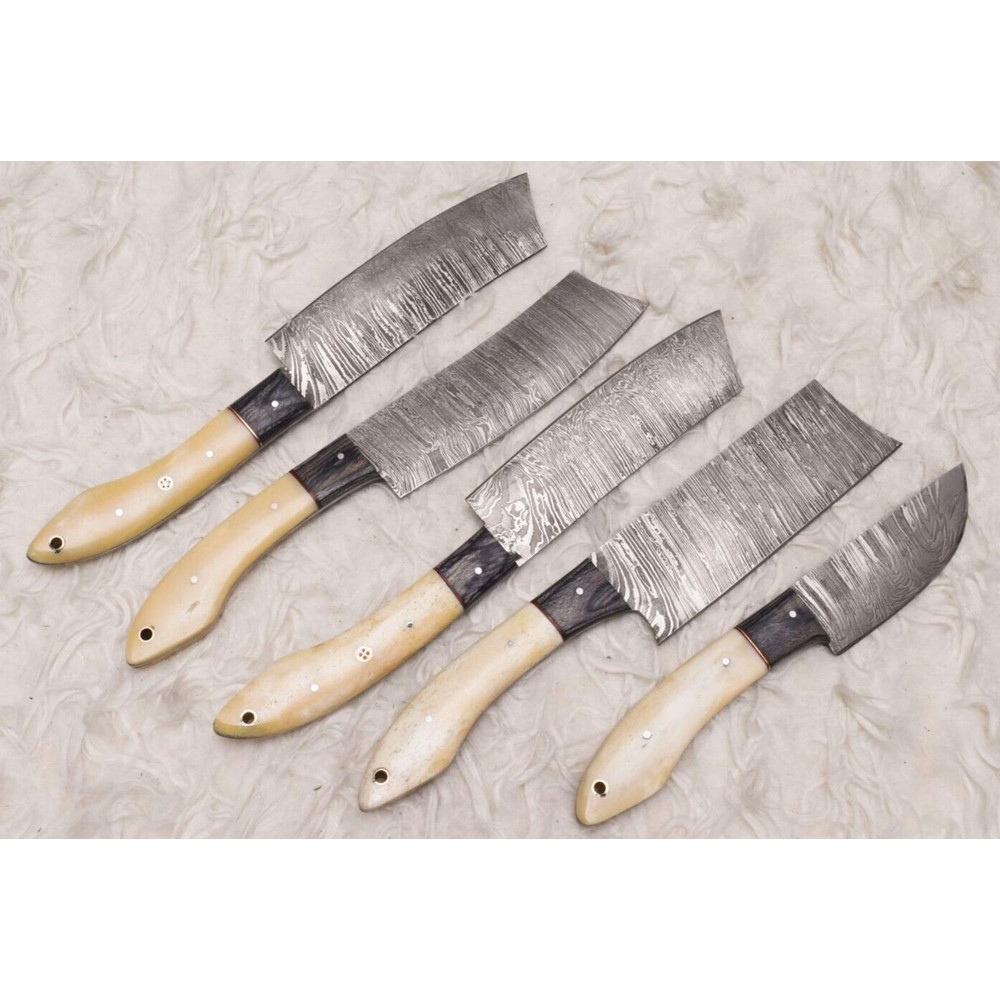 5 Piece Custom Damascus Steel Chef Knife Set Professional Kitchen Cutlery 0