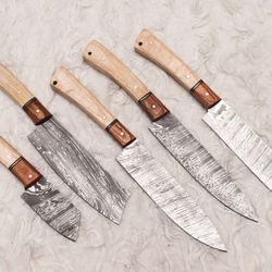 handmade damascus steel chef knife set of 5 | wood handle kitchen knives