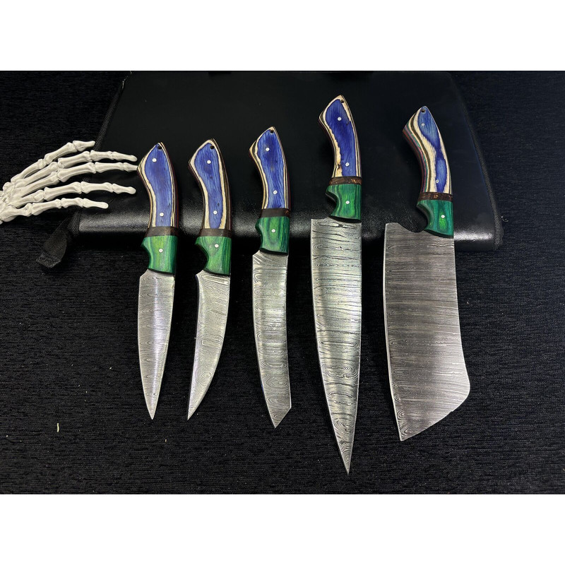 Professional Damascus Steel Knife Set 5 Pc Hand Forged Chef Knives With Wood Handles 0