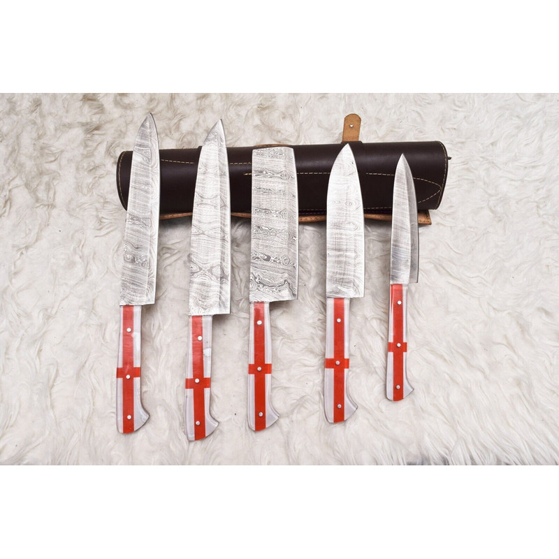 Timeless Damascus Steel Chef Knife Set 5 Pc Handcrafted Wood Handle 1