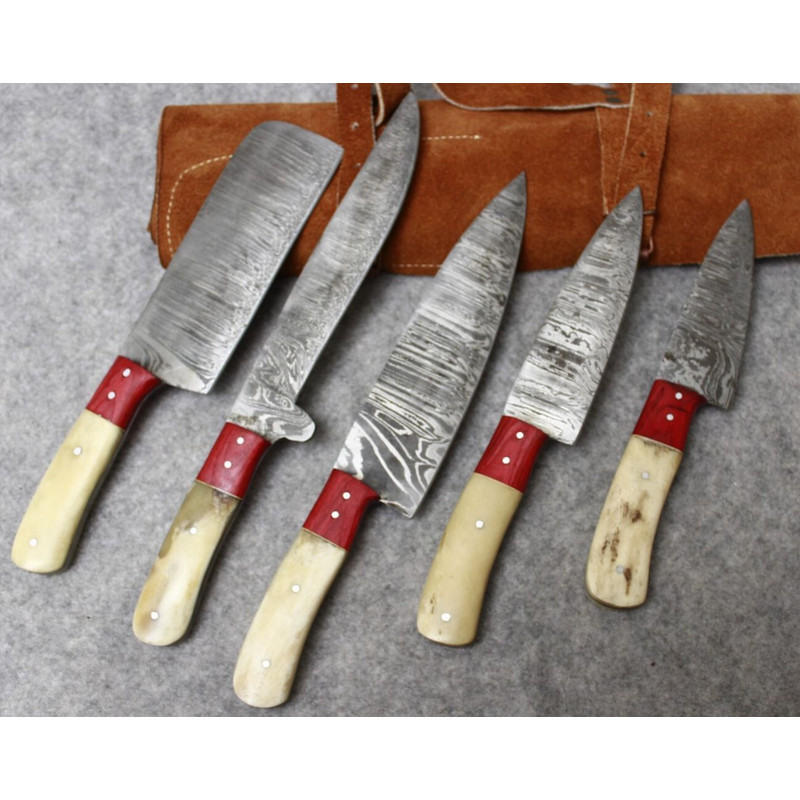 Artisan HandForged Damascus Chef Knives 913 Inch Twist Pattern Set 0