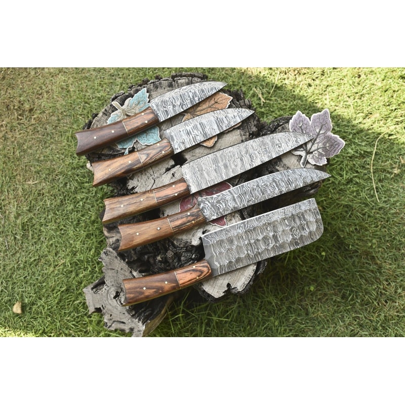 Twist Pattern Damascus Chef Knives Lot Of 5 Handmade Hardwood Handle Set 1