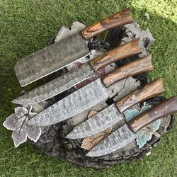twist pattern damascus chef knives | lot of 5 handmade hardwood handle set
