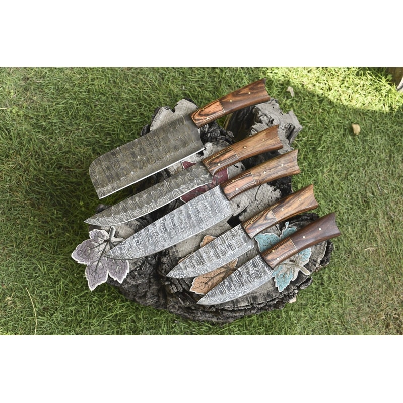Twist Pattern Damascus Chef Knives Lot Of 5 Handmade Hardwood Handle Set 0