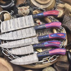 artisan damascus chef knife collection | 5 pc hand-forged twist pattern blades