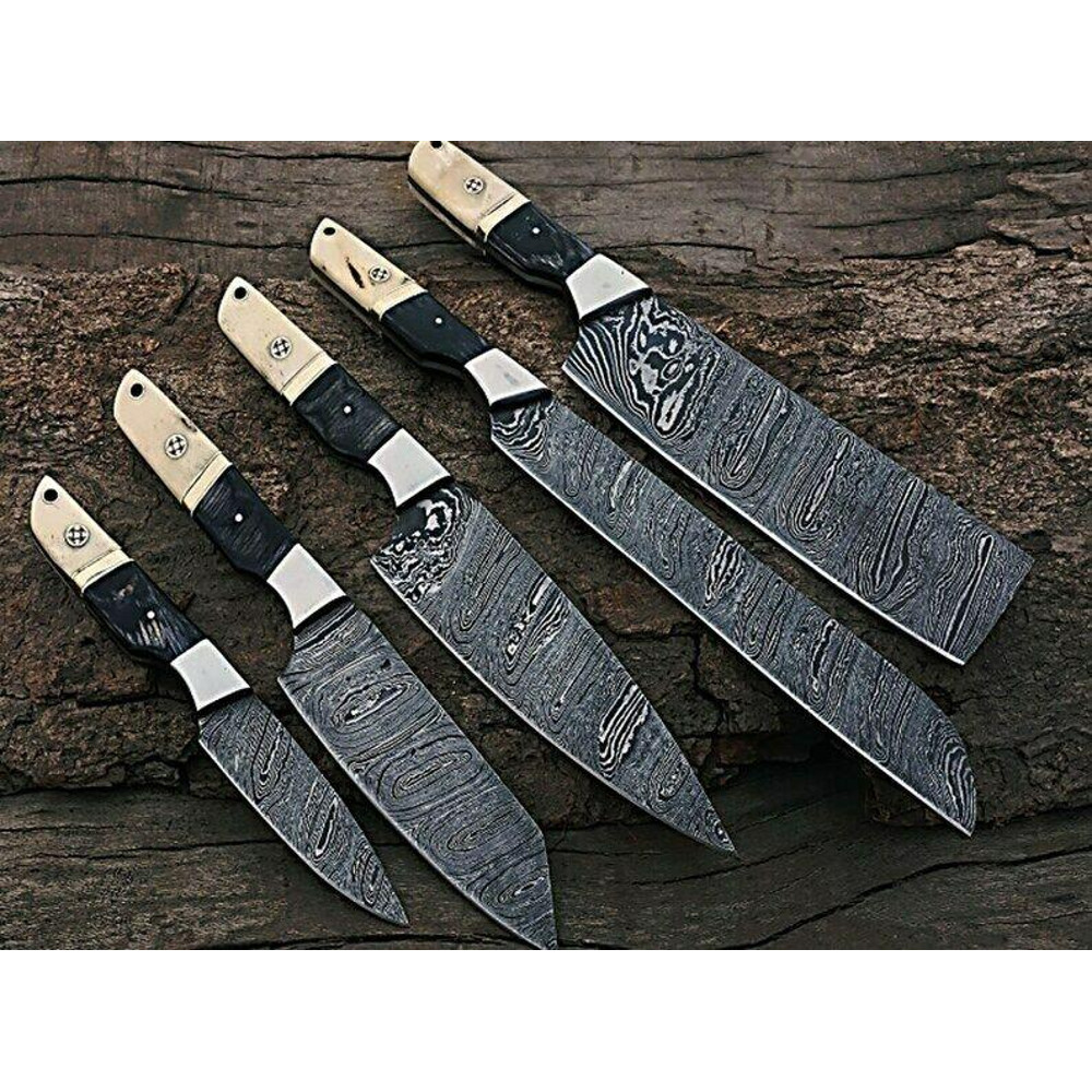 5 Pcs Handmade Damascus Steel Chef Knife Set Forged Kitchen Knives With Rosewood Handle BBQ Anniv 2