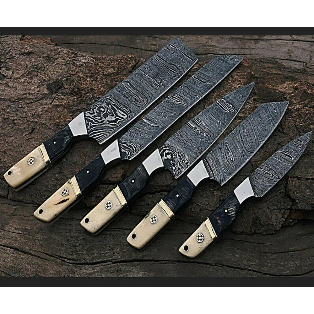 5 Pcs Handmade Damascus Steel Chef Knife Set Forged Kitchen Knives With Rosewood Handle BBQ Anniv 0