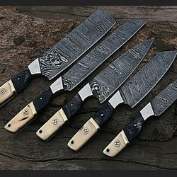 5 pcs handmade damascus steel chef knife set | forged kitchen knives with rosewood handle | bbq, anniversary & personali