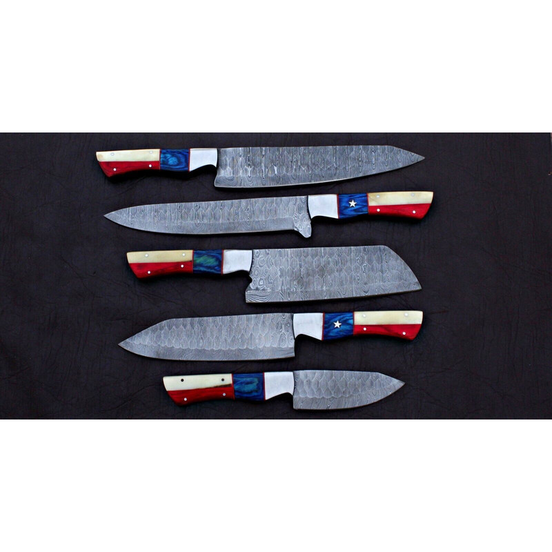 Custom Forged Twist Damascus Chef Knife Set Lot Of 5 Handmade Knives With Micarta Handle Micarta 1