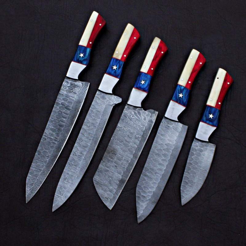 Custom Forged Twist Damascus Chef Knife Set Lot Of 5 Handmade Knives With Micarta Handle Micarta 2