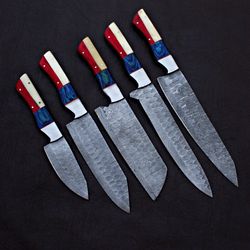 custom forged twist damascus chef knife set | lot of 5 handmade knives with micarta handle & micarta bolster
