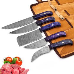 handmade damascus steel 5-piece chef knife set | 1008 wood grade hand-forged kitchen knives with blue pakka wood