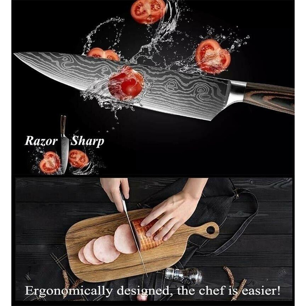 Kitchen Knife Set Damascus Style Stainless Steel Chef Knives 10Piece Laser Pattern Cleaver Profes