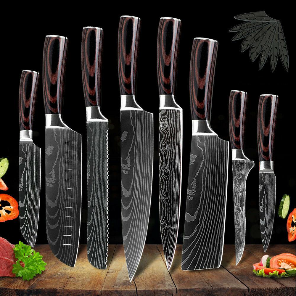 Kitchen Knife Set Damascus Style Stainless Steel Chef Knives 10Piece Laser Pattern Cleaver Profes
