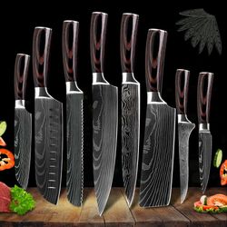 kitchen knife set damascus style stainless steel chef knives | 10-piece laser pattern cleaver & professional