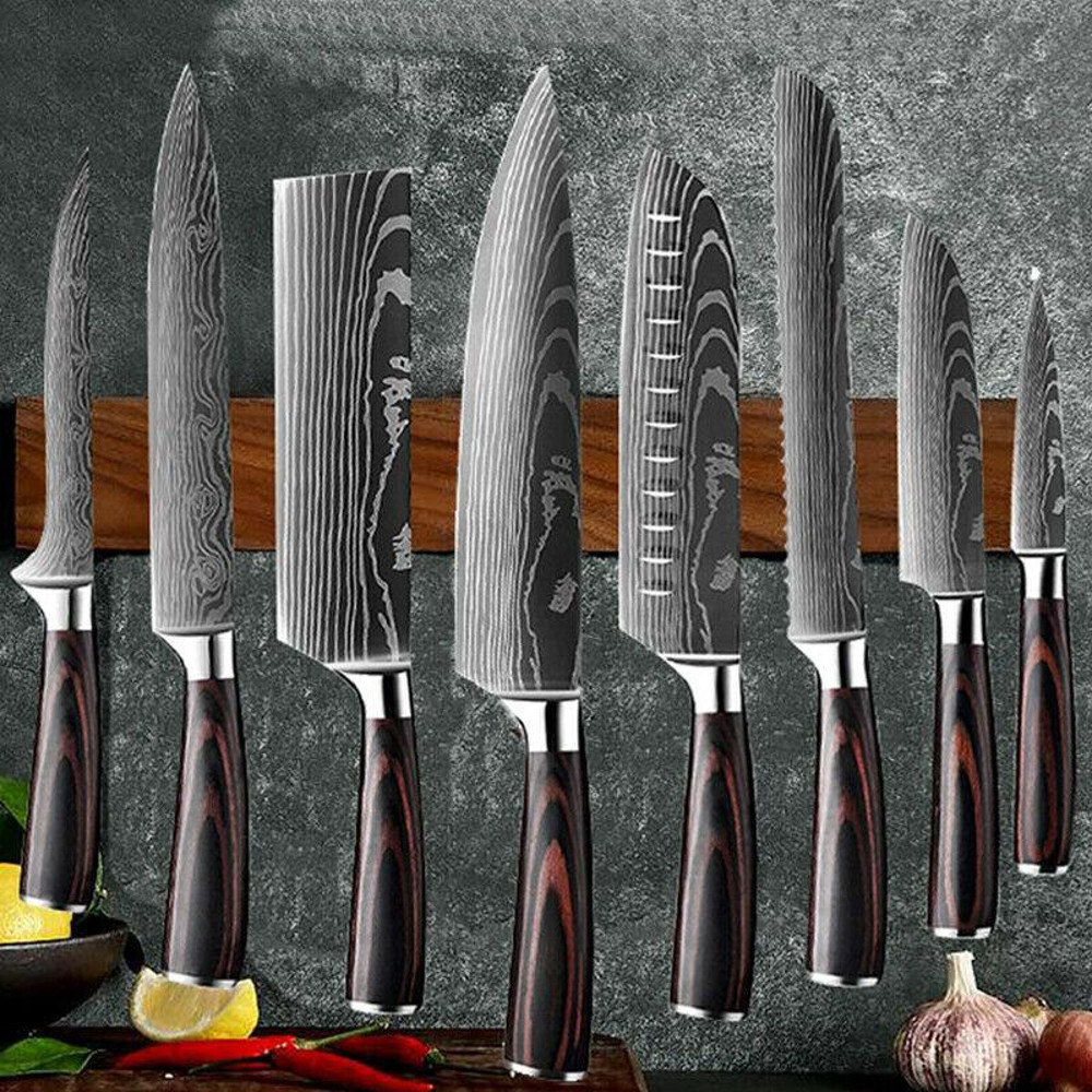 Kitchen Knife Set Damascus Style Stainless Steel Chef Knives 10Piece Laser Pattern Cleaver Profes