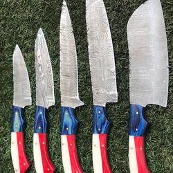 professional handmade damascus chef knife set | twist pattern steel blades with bone & wood handles