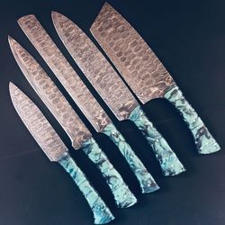 custom damascus steel hunting & kitchen knives | handmade 9"-13" chef knife set