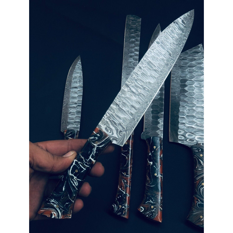 Custom Made Damascus Steel Chef Knife Set 913 Handmade Forged Knives With BoneWood Handles 1