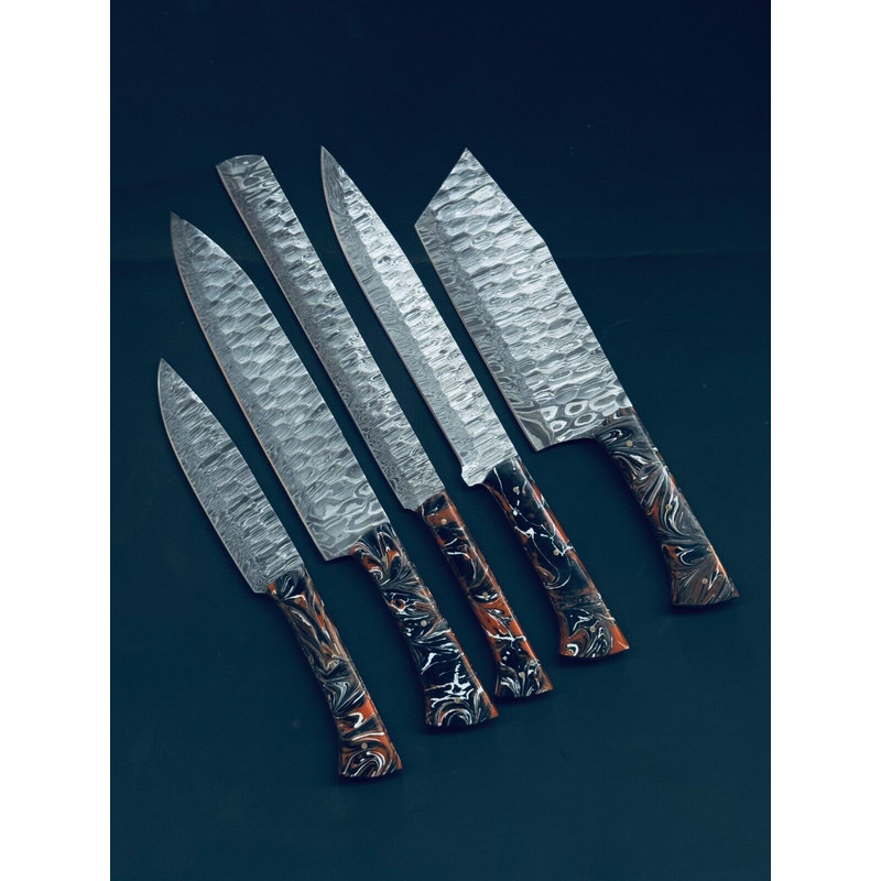 Custom Made Damascus Steel Chef Knife Set 913 Handmade Forged Knives With BoneWood Handles 0