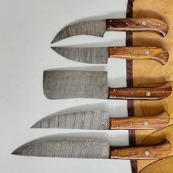 custom handmade damascus steel 5-piece chef knife set | hand-forged kitchen knives with brown wood handles
