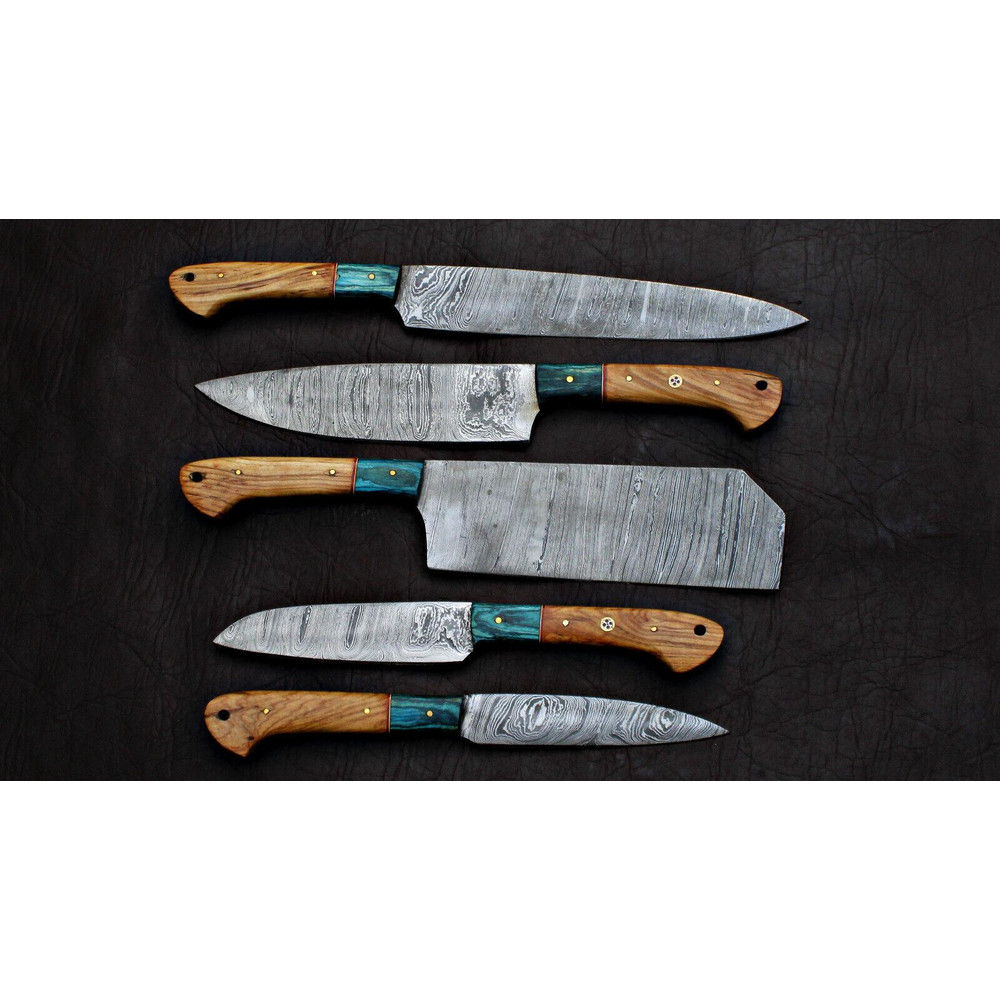 BLACK BEER 5Piece Handmade Damascus Steel Chef Knife Set Custom Kitchen Knives With Premium Handle 1