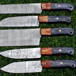 black beer custom forged damascus chef knife set | handmade 5 pc kitchen knives