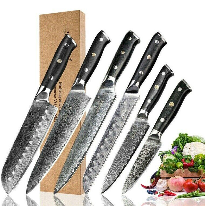 6PCS Professional Damascus Steel Chef Knife Set VG10 Core Kitchen Knives With G10 Handle 0