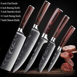 5pc japanese kitchen knives set laser damascus pattern chef knife with scabbard – high carbon stainless steel profession