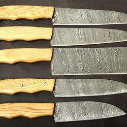 5-piece handmade damascus chef knife set with pakka wood handles