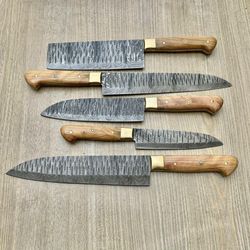 handcrafted damascus steel 5pc chef knife set – wooden handle kitchen tools