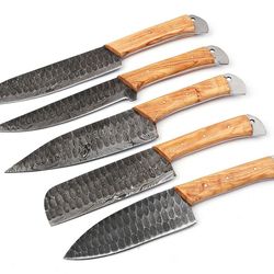 custom handmade damascus steel chef knife kitchen set with wood handle – premium 5pc forged collection