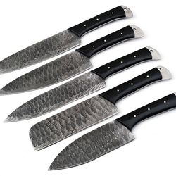 handmade damascus steel chef knife set with wood handle – 5pc forged kitchen collection