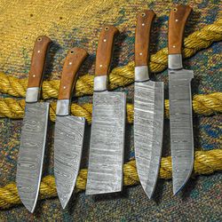 custom forged damascus chef knife set – razor sharp kitchen knives with wooden handles