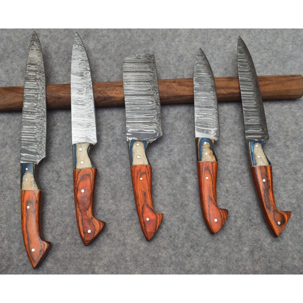 Hand Forged Damascus Steel 5Pc Chef Knife Set With Leather Cover Handmade Kitchen Knives 0