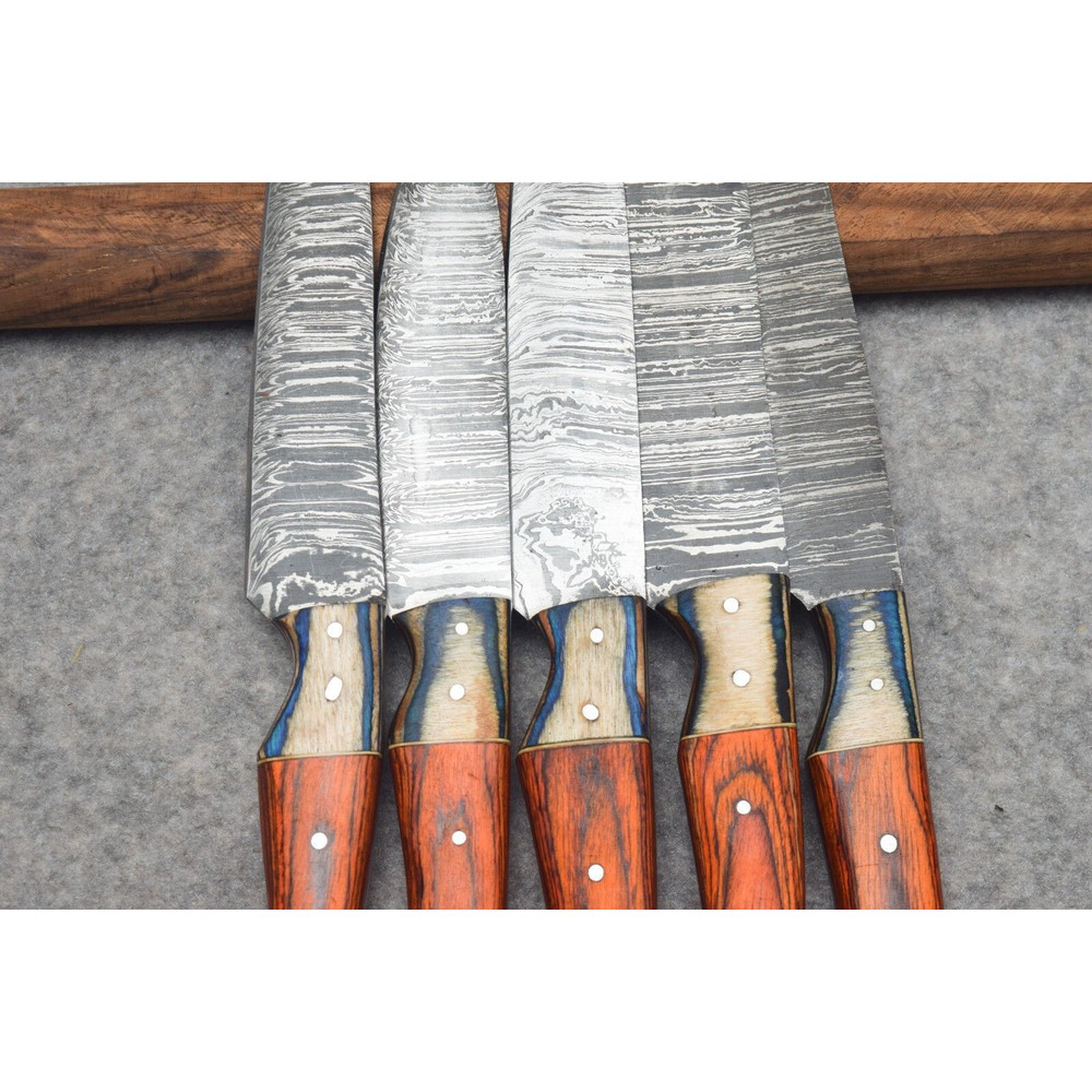 Hand Forged Damascus Steel 5Pc Chef Knife Set With Leather Cover Handmade Kitchen Knives 1