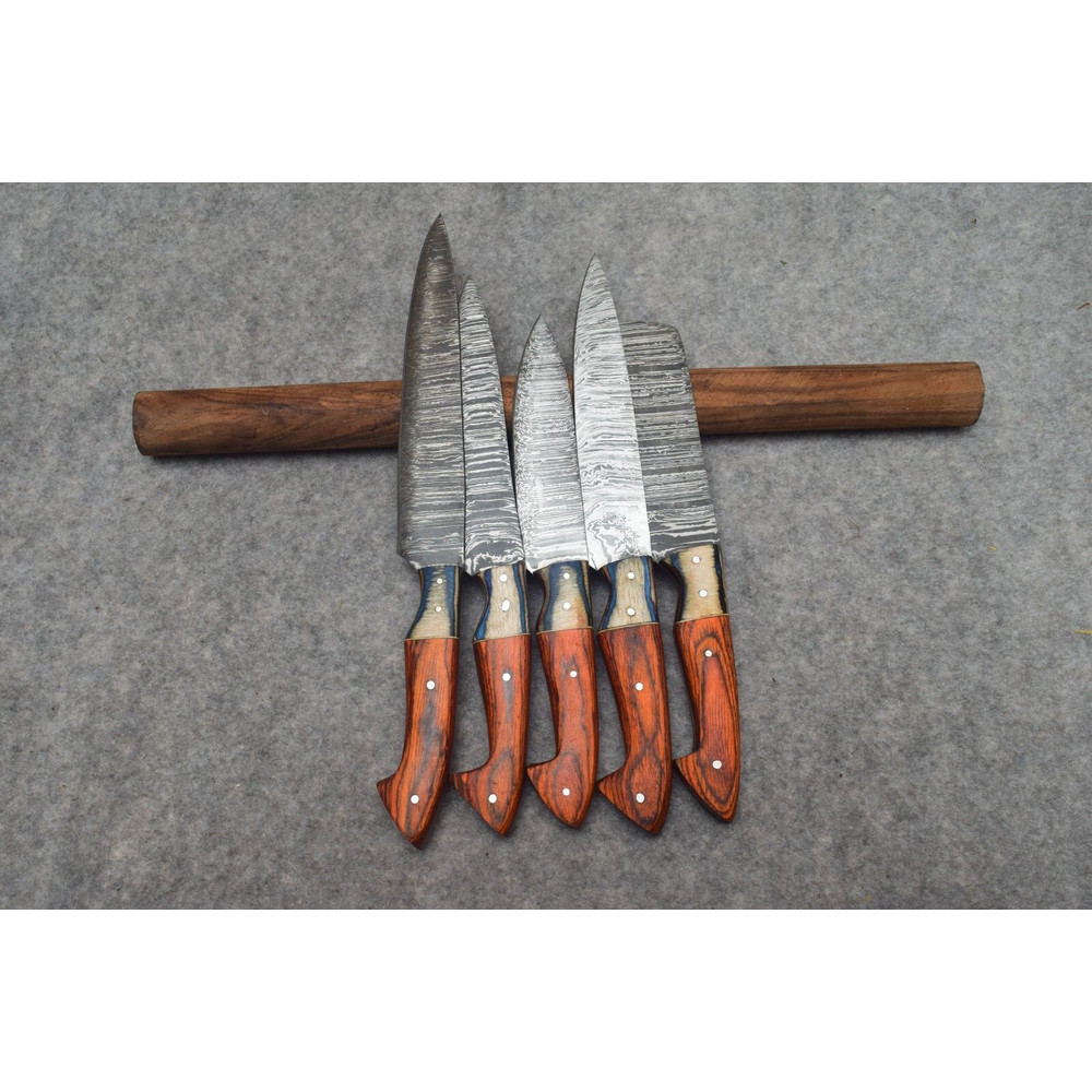 Hand Forged Damascus Steel 5Pc Chef Knife Set With Leather Cover Handmade Kitchen Knives 3
