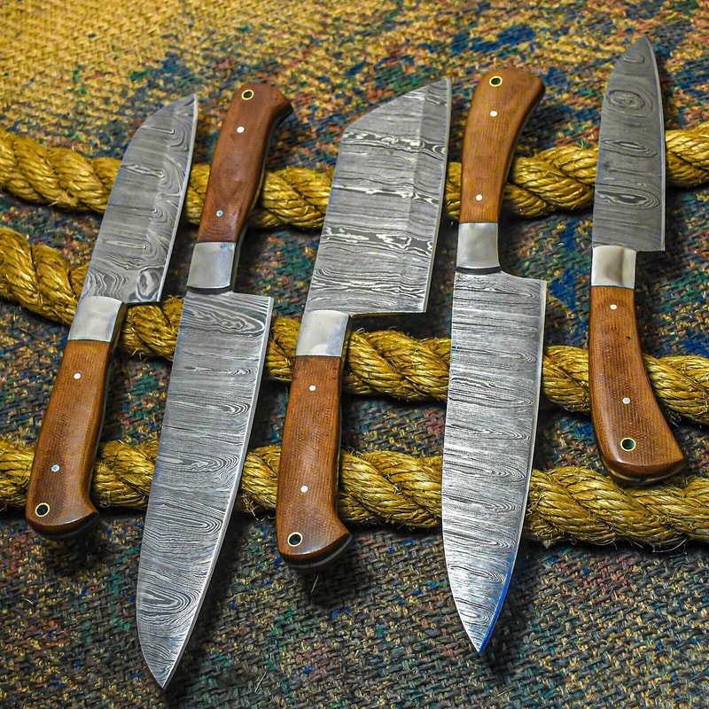 Custom Hand Forged Damascus Chef Knives Set Of 5 With Leather Cover Kitchen Cutlery 1