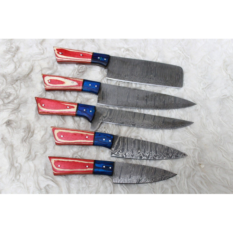 Professional Handmade Damascus Chef Knife Set 5Pc Forged Knives With Leather Roll 1