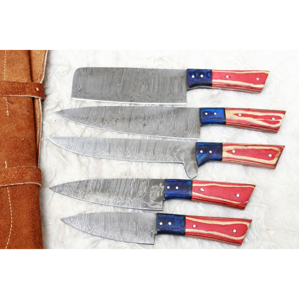 Professional Handmade Damascus Chef Knife Set 5Pc Forged Knives With Leather Roll 2