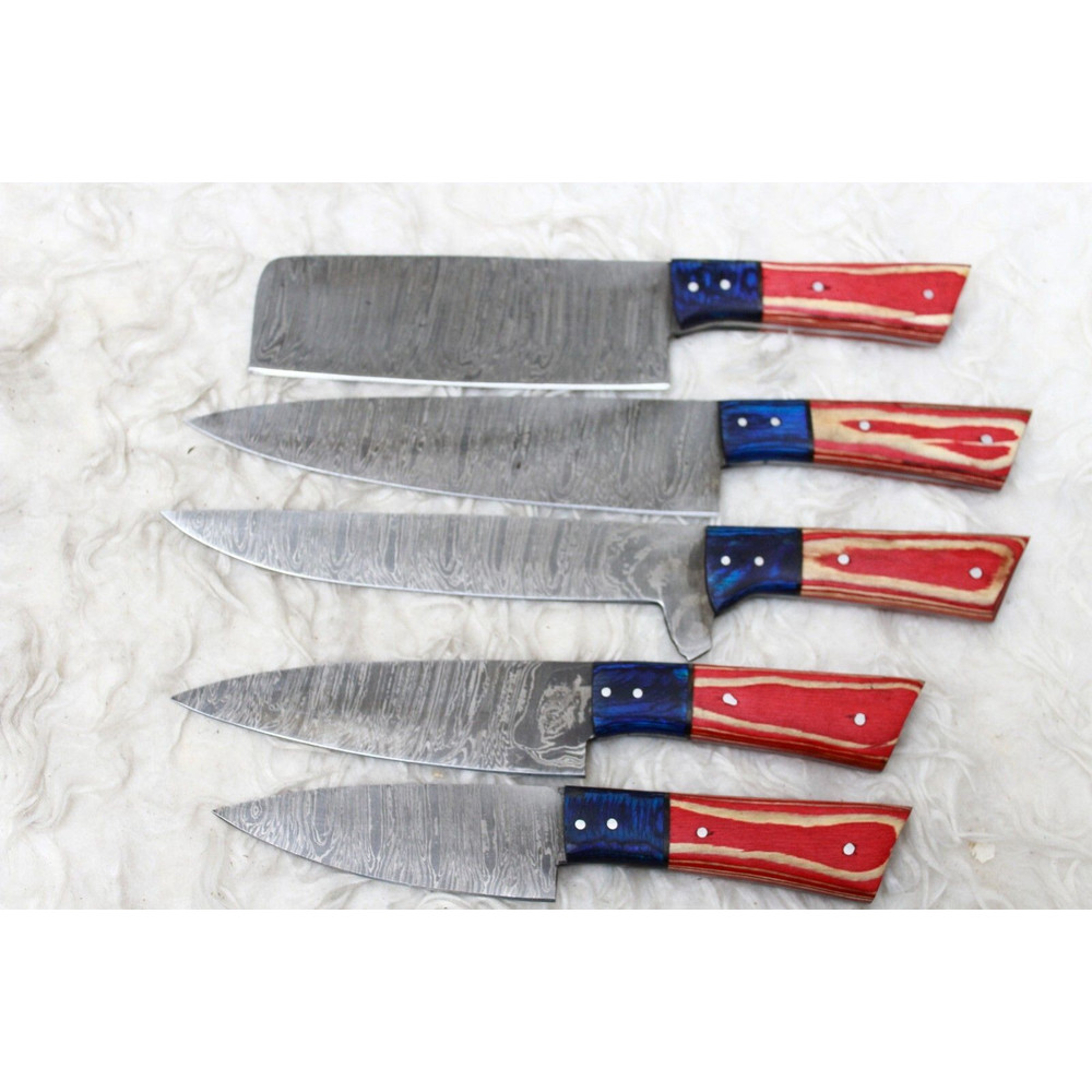 Professional Handmade Damascus Chef Knife Set 5Pc Forged Knives With Leather Roll 3