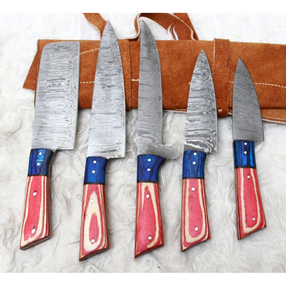 Professional Handmade Damascus Chef Knife Set 5Pc Forged Knives With Leather Roll 0