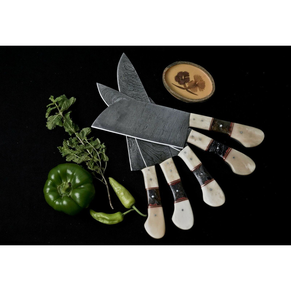 Custom Handmade Damascus Steel Chef Knife Set Of 5 Full Tang Hunting Knives With Leather Sheath 1