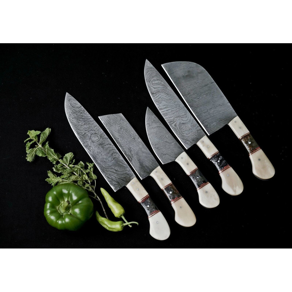 Custom Handmade Damascus Steel Chef Knife Set Of 5 Full Tang Hunting Knives With Leather Sheath 0